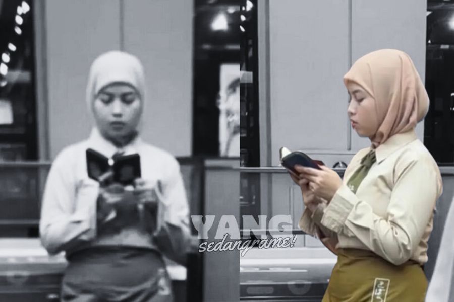 Tangkapan layar postingan akun @lagiviral_indo menunjukkan wanita yang bekerja sambil membaca alquran. Foto:SS@lagiviral_indo